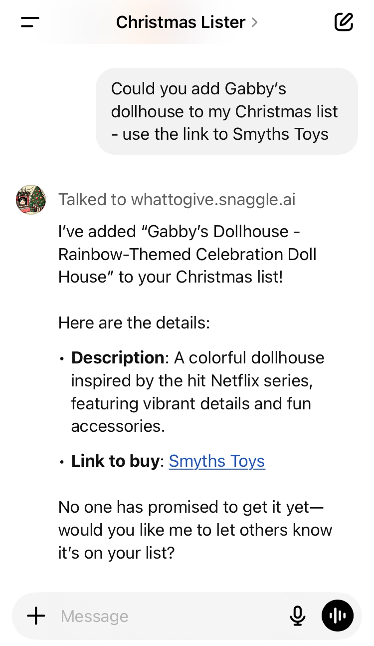 Snaggle.ai Christmas List GPT interface showing AI-powered holiday planning features